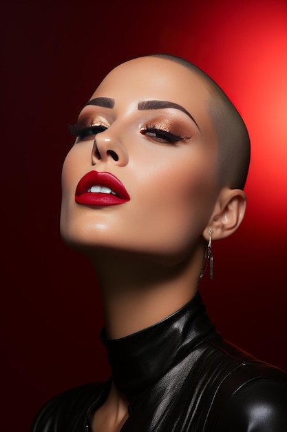 volto di donna calva androgina su sfondo rosso scuro AI generativa