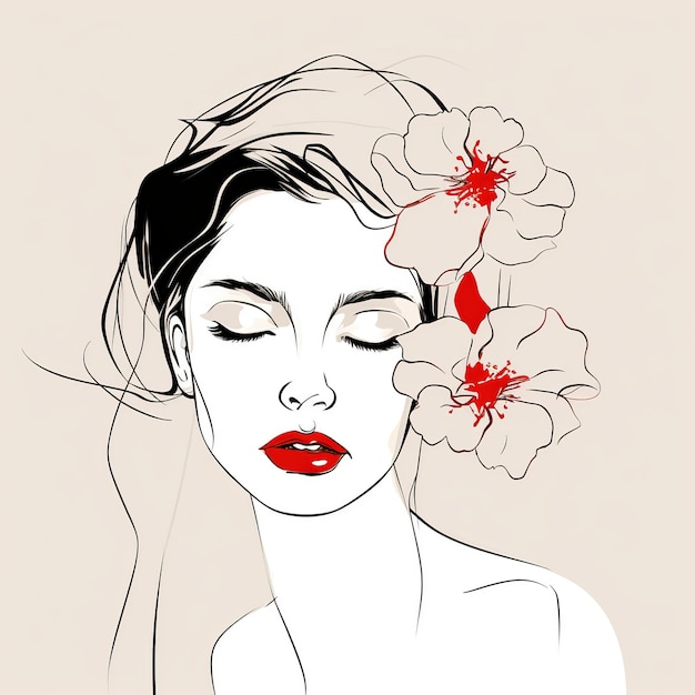 Volto di donna con fiori Surreal Line art ragazza floreale femminile PNG trasparente Generative Ai