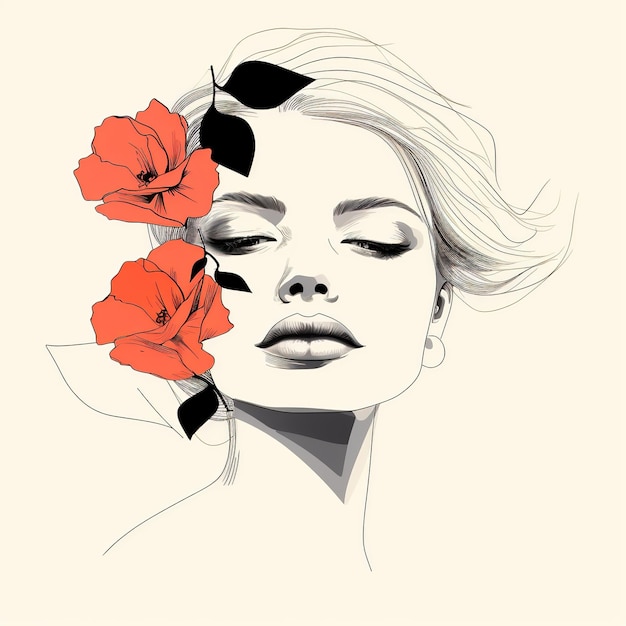 Volto di donna con fiori Surreal Line art ragazza floreale femminile PNG trasparente Generative Ai