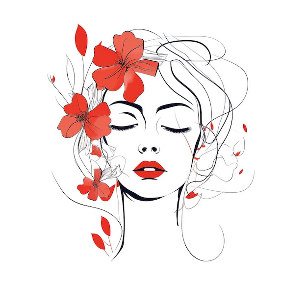 Volto di donna con fiori Surreal Line art ragazza floreale femminile PNG trasparente Generative Ai