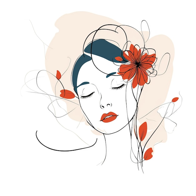 Volto di donna con fiori Surreal Line art ragazza floreale femminile PNG trasparente Generative Ai