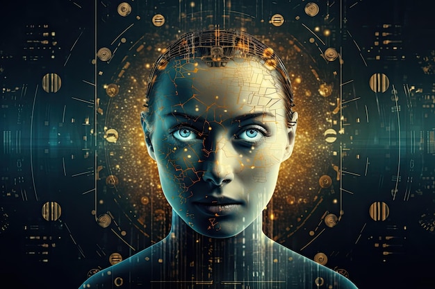 Volto di donna cyborg futuristico con ologramma cerebrale a circuito su sfondo scuro Intelligenza artificiale Tecnologia sfondo web Concetto virtuale generato dall'intelligenza artificiale