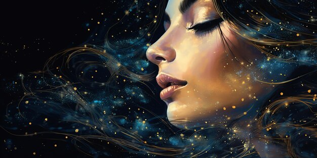 Volto di donna esoterico del cielo notturno stellato nel glitter cosmico Ai generato