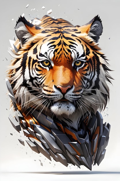 volto di tigre ritratto mezza faccia che si frantuma in particelle arte ultra dettagliata senza sfondo bianco bac