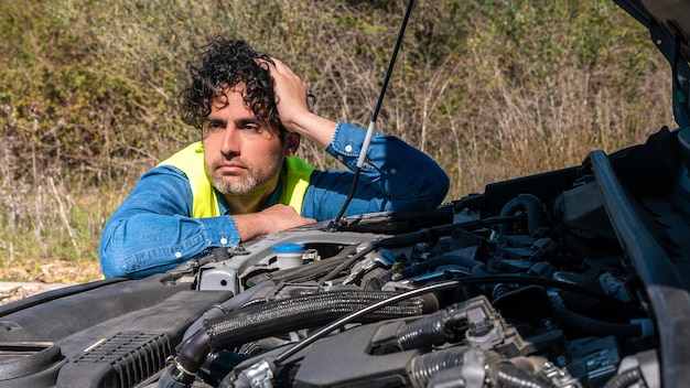 Volto di un conducente maschio infelice vicino a un'auto rotta con il cofano sollevato che ispeziona il motore del suo veicolo Uomo barbuto stanco e stressato che tiene la testa a portata di mano e in attesa di aiuto per riparare il guasto dell'auto