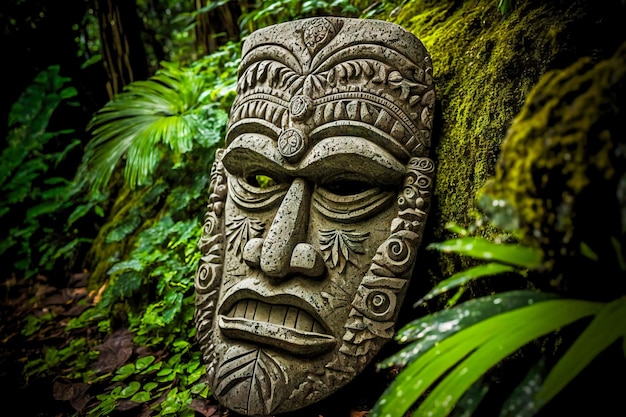 Volto pacifico della maschera tiki di pietra del dio indiano sul terreno nella foresta