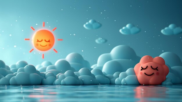 volto sorridente felice nuvola in acqua con nuvole e sole