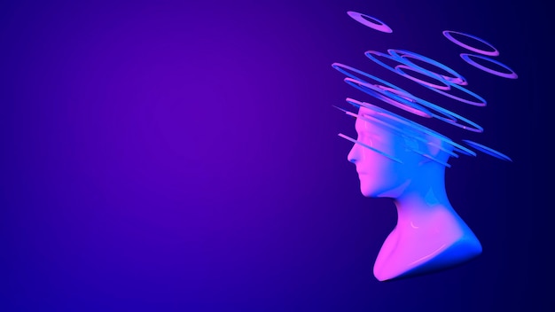 Volto umano astratto digitale 3d su sfondo scuro Volto futuristico tagliato in fette colorate Metaverse