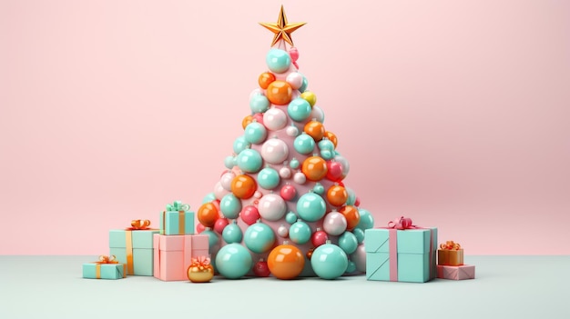 voluminoso albero di Natale con regali dai colori vivaci in forme organiche e geometriche rosa chiaro e arancione chiaro