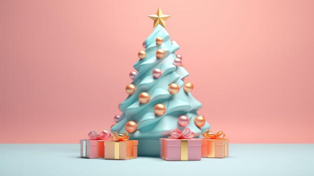 voluminoso albero di Natale con regali dai colori vivaci in forme organiche e geometriche rosa chiaro e arancione chiaro