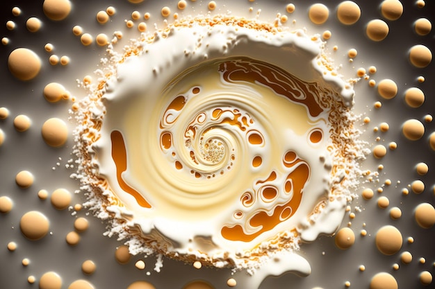 Vortice di latte e bolle su sfondo nero IA generativa
