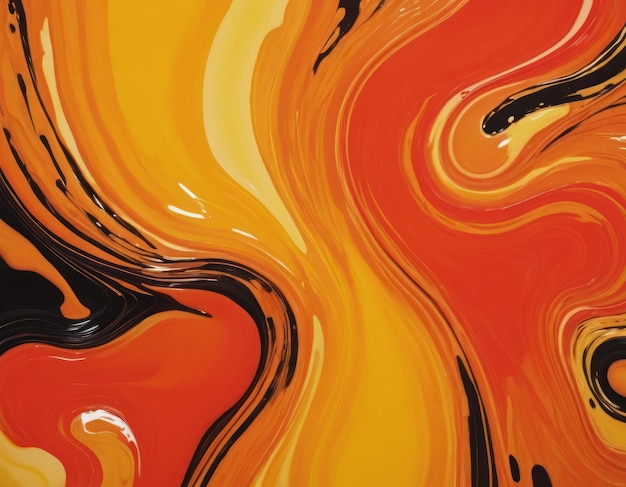 Vortici astratti in tonalità arancione e rosse che assomigliano a liquido o vetro con una finitura lucida e vibrante