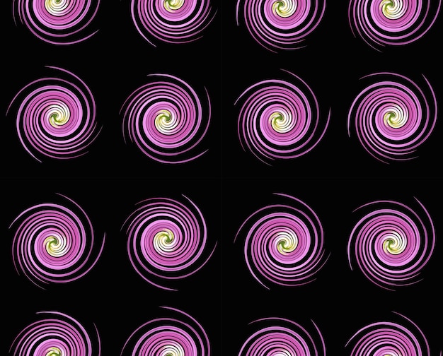 Vortici di spirali viola senza cuciture su sfondo nero e colorato, trama originale, bella