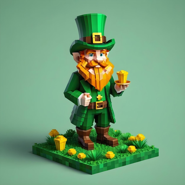 Voxel leprechaun 3d clipart a tutta altezza su sfondo bianco st Patrick's day stile Minecraft