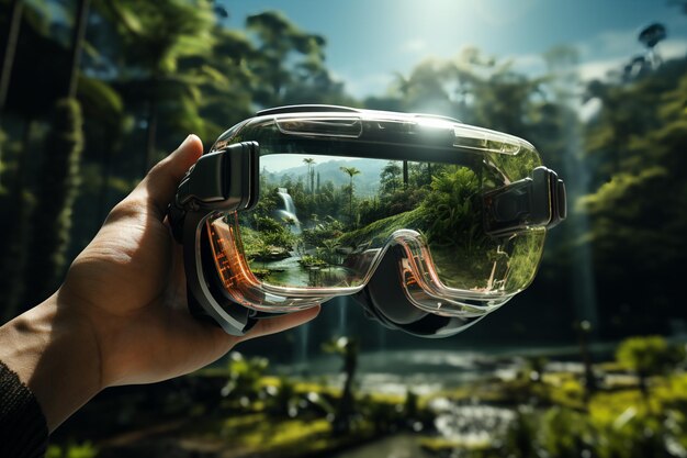 Vr occhiali con riflesso di natura verde AI Generative