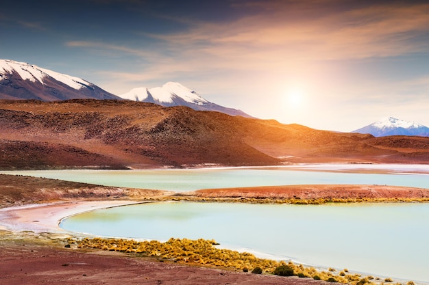 Vulcani e laguna d'alta quota sull'altopiano Altiplano, Bolivia. Paesaggi del Sud America