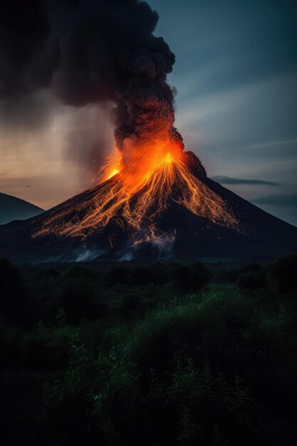 Vulcano attivo che erutta con fumo e lava di notte creato utilizzando la tecnologia generativa dell'IA