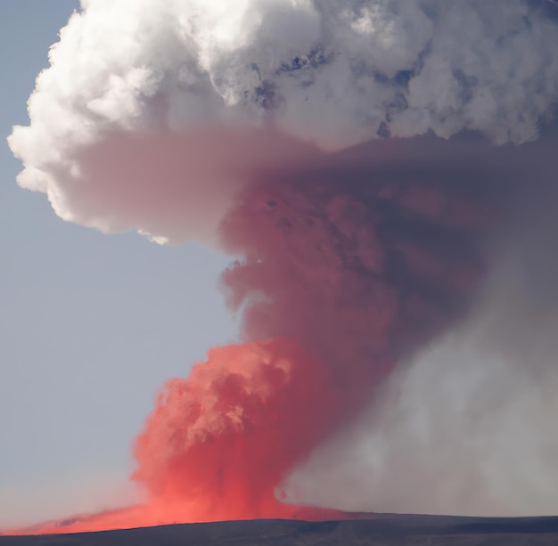 Vulcano che erutta con lava e ceneri nell'aria sopra il cielo blu creato utilizzando la tecnologia ai generativa