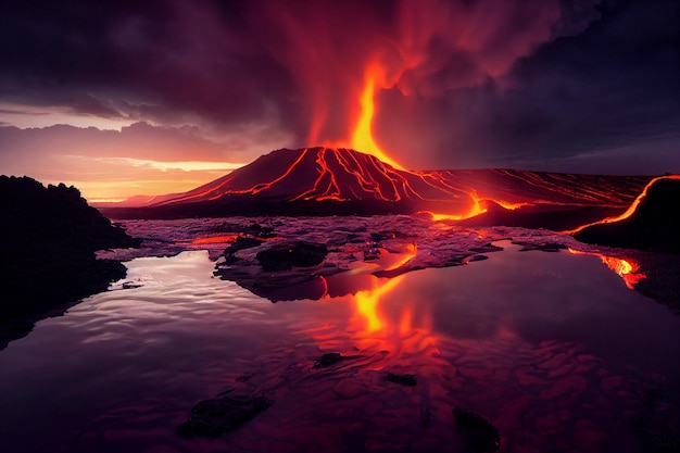 Vulcano che vomita lava in uno specchio d'acqua generativo ai