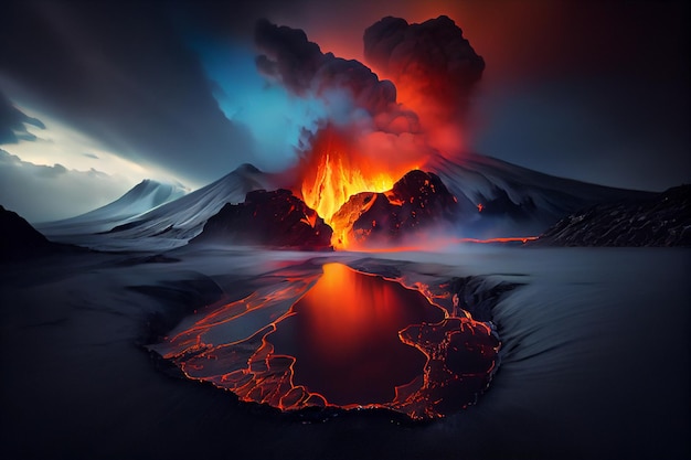 Vulcano che vomita lava in uno specchio d'acqua generativo ai