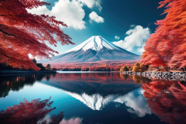 Vulcano Giappone natura montagna con foglie autunnali e lago di montagna in primavera Ai generativo