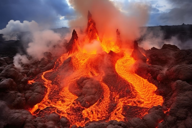 Vulcano in eruzione con lava fusa e fumo