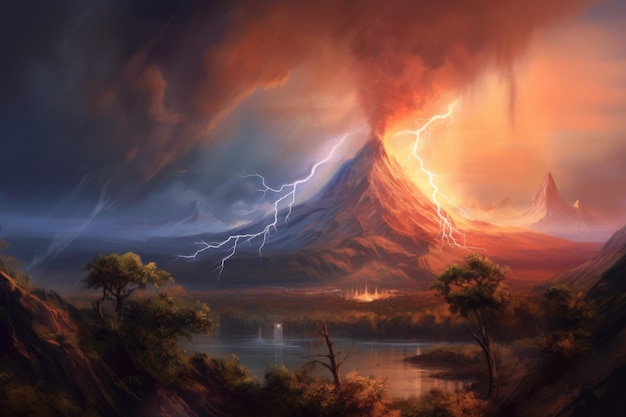 Vulcano in eruzione con tempesta di fulmini creata con intelligenza artificiale generativa