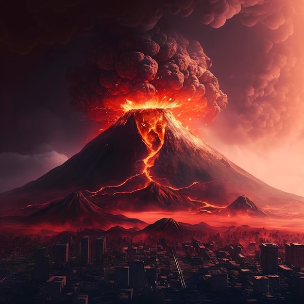vulcano in eruzione, magma che cade dal cielo, distruggendo la città sottostante