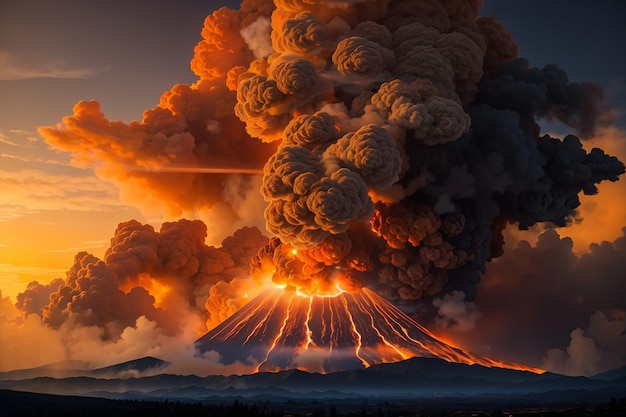 Vulcano in eruzione nel cielo con fumo e fuoco in stile pittura ad olio