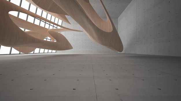 Vuoto astratto cemento vetro e legno interni lisci Sfondo architettonico illustrazione 3D