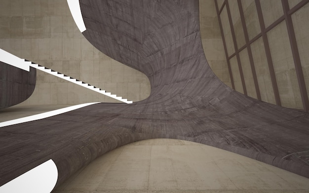 Vuoto astratto scuro in cemento e legno interni lisci Sfondo architettonico illustrazione 3D