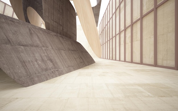 Vuoto astratto scuro in cemento e legno interni lisci Sfondo architettonico illustrazione 3D