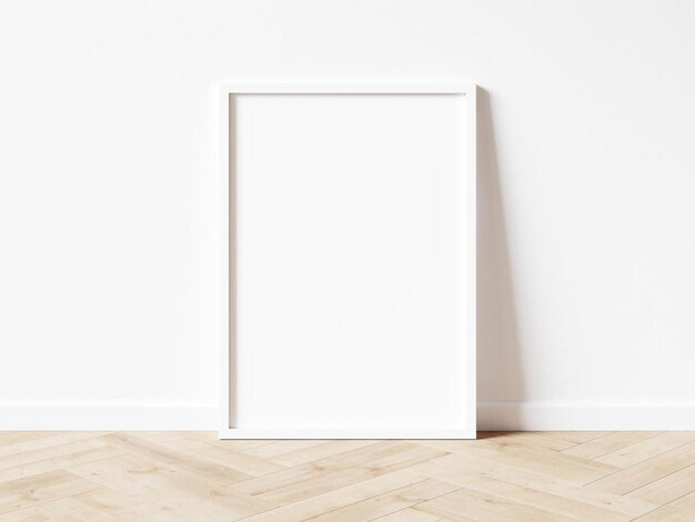 Vuoto bianco orientato verticalmente sfondo espositivo rettangolare in piedi sul pavimento in parquet di legno