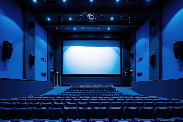 Vuoto di cinema in colore blu con schermo bianco vuoto