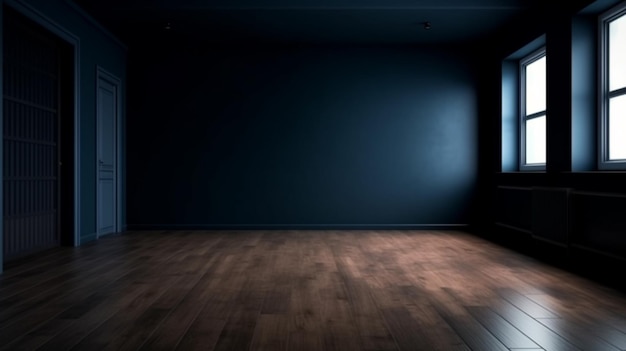 Vuoto Parete blu scuro in una stanza vuota con una vista frontale del pavimento in legno