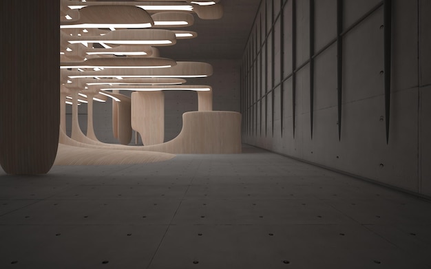 Vuoto scuro astratto cemento e interni lisci in legno Sfondo architettonico 3D