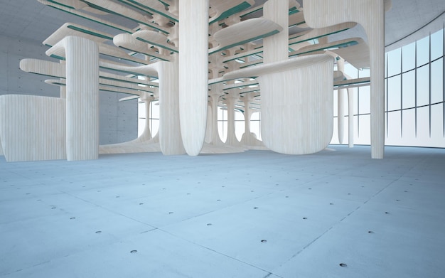 Vuoto scuro astratto cemento e interni lisci in legno Sfondo architettonico 3D
