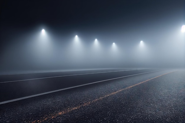 Vuoto strada asfaltata bagnata sotto la nebbia dopo la pioggia