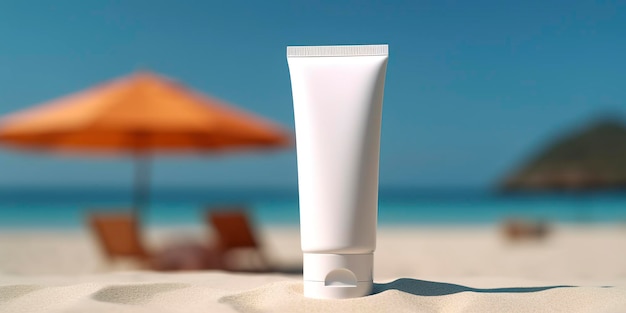 Vuoto tubo di plastica bianco vuoto Crema solare su una spiaggia sabbiosa composizione estiva con occhiali da sole mare blu come sfondo copia spazio Vacanze estive e concetto di cura della pelle AI Generativo