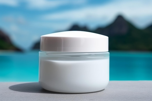 Vuoto vasetto di crema cosmetica senza marchio all'aperto con acqua blu sullo sfondo Presentazione del prodotto per la cura della pelle Vaso di bellezza per la cura della pelle con crema idratante per lo spazio della copia Spiaggia della laguna Generative AI