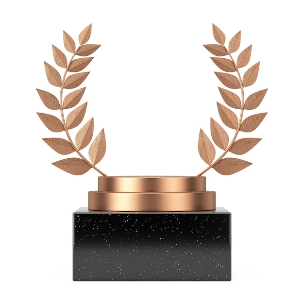 Vuoto vincitore cubo premio bronzo corona d'alloro podio, palco o piedistallo con spazio libero per il tuo design su sfondo bianco. Rendering 3D