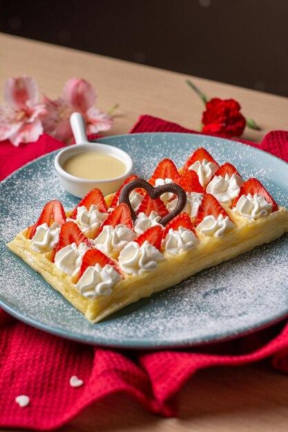 waffle a tema san valentino o colazione con waffle con fragole e cuori di cioccolato