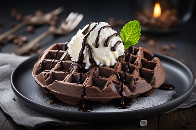 Waffle al cioccolato con gelato che si scioglie