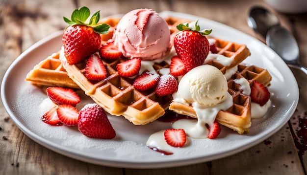 Waffle belga con fragole e gelato su piatto bianco