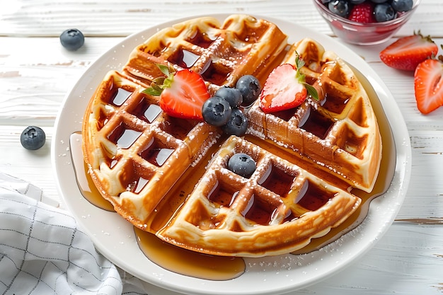 Waffle belga fatte in casa con bacche fresche su uno sfondo bianco di legno