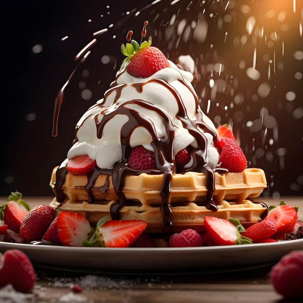 Waffle belga integrale con panna montata al cioccolato e sciroppo di boysenberry