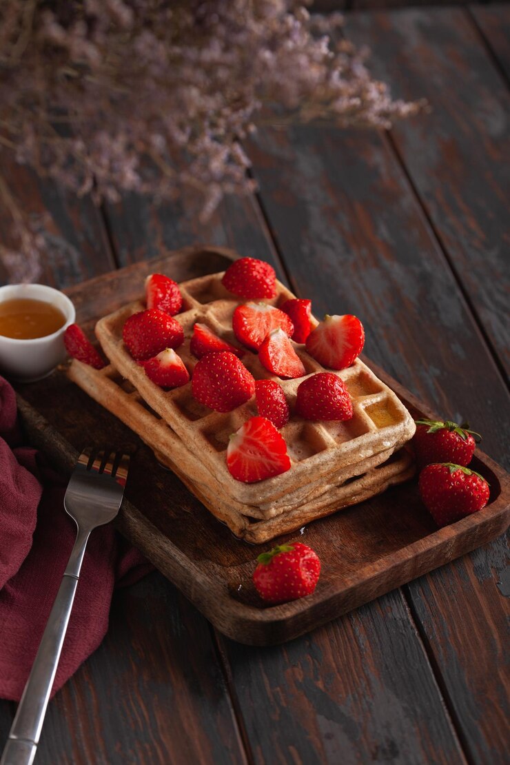 Waffle belghe fresche fatte in casa su un vecchio tavolo di legno con fragole e miele