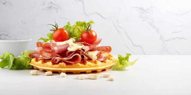 Waffle belgi al formaggio serviti con pomodori prosciutto e mais lattuga su ba di marmo bianco AI generativa