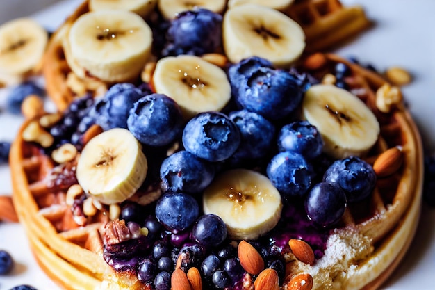 Waffle belgi alla frutta con banana e mirtilli