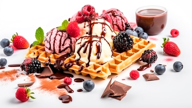 Waffle belgi con diverse salse gelato al cioccolato e frutti di bosco IA generativa